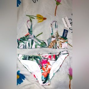 Tinibikini floral tropical print soft reversible ribbed swim surfer suit beach